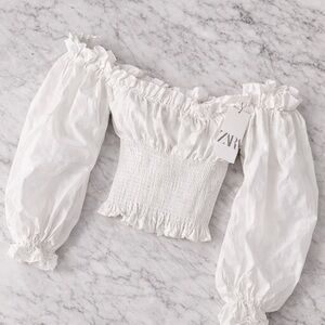 Zara White Off-Shoulder Smocked Crop Top with Puff Sleeves